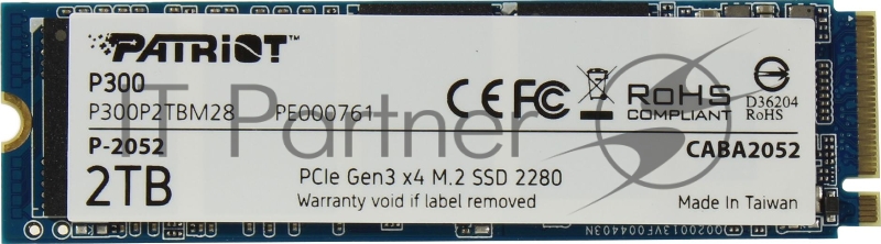 Накопитель SSD M.2 Patriot 2.0Tb P300 <P300P2TBM28> (PCI-E 3.0 x4, up to 2100/1650MBs, 290000 IOPs, 3D TLC, SMI2263XT, TBW 320Tb, 22х80mm)