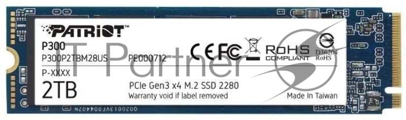 Накопитель SSD M.2 Patriot 2.0Tb P300 <P300P2TBM28> (PCI-E 3.0 x4, up to 2100/1650MBs, 290000 IOPs, 3D TLC, SMI2263XT, TBW 320Tb, 22х80mm)
