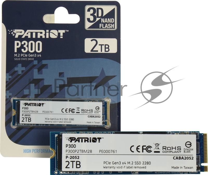 Накопитель SSD M.2 Patriot 2.0Tb P300 <P300P2TBM28> (PCI-E 3.0 x4, up to 2100/1650MBs, 290000 IOPs, 3D TLC, SMI2263XT, TBW 320Tb, 22х80mm)
