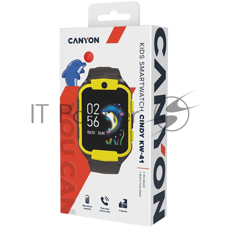 Смарт-часы Kids smartwatch Canyon Cindy KW-41, 1.69IPS colorful screen 240*280, ASR3603C, Nano SIM card, 192+128MB, GSM(B3/B8), LTE(B1.2.3.5.7.8.20) 680mAh battery, built in TF card: 512MB, compatibility with iOS and android, Yellow, host: 53.3*42.3*