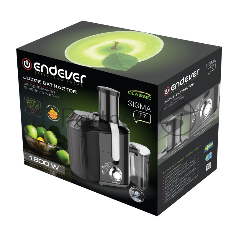 Соковыжималка центробежного типа электрическая Endever Sigma 77, черный/стальной, 1800 Вт, 15 000 об/мин, два уровня скорости, 2 шт./уп.