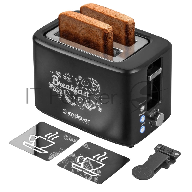 Тостер электрический ENDEVER Skyline ST-123, мощность 800 Вт, цвет черный/стальной, 7 степеней подж, съемный трафарет для рисунка-чашка кофе, 6 шт/уп