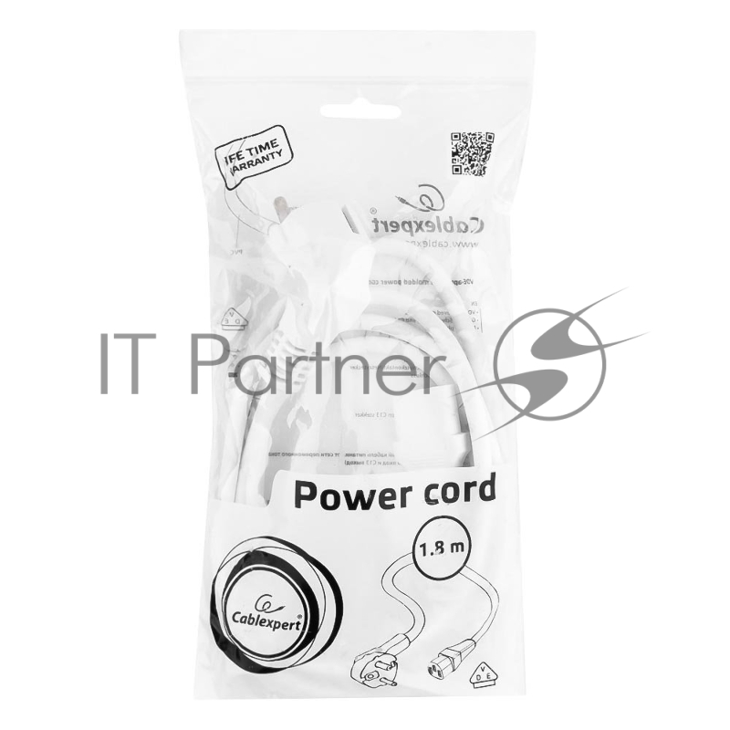 Кабель питания Gembird 1.8м, VDE(0.75мм), белый, с зазем., пакет PC-186W-VDE