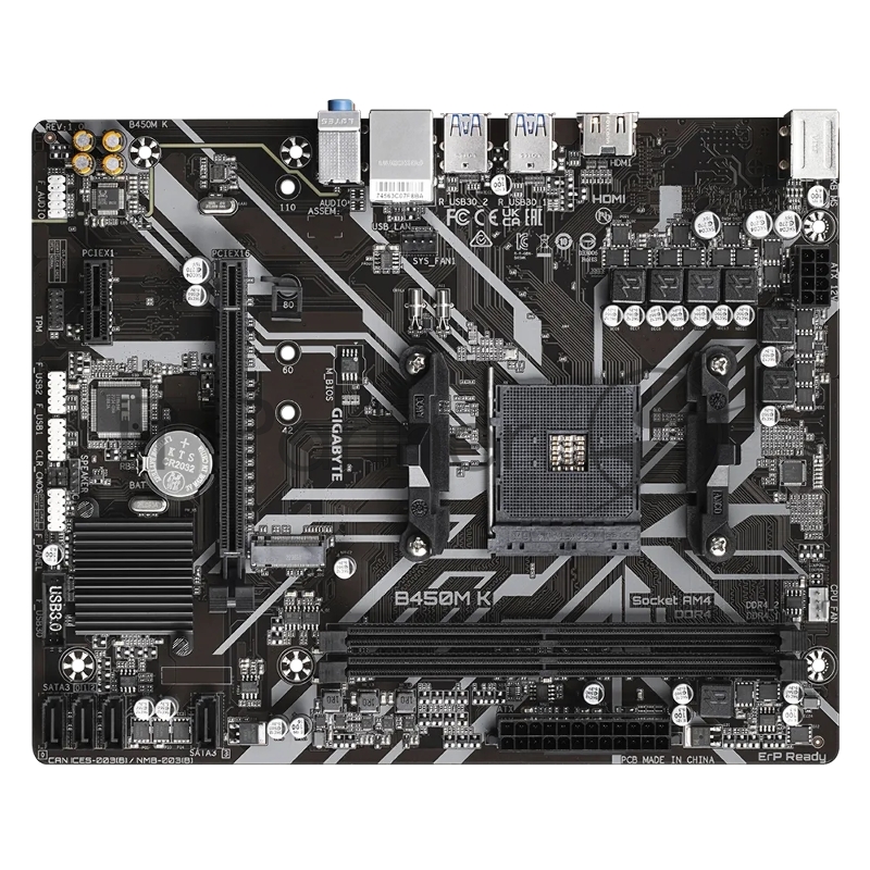 Материнская плата Gigabyte B450M K, Socket AM4, AMD B450, 2xDDR4-2933, HDMI, 1xPCI-Ex16, 1xPCI-Ex1, 4xSATA3(RAID 0/1/10), 1xM.2, 8 Ch Audio, GLan, (2+4)xUSB2.0, (4+2)xUSB3.1, 2xPS/2, mATX, RTL