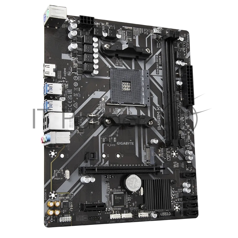 Материнская плата Gigabyte B450M K, Socket AM4, AMD B450, 2xDDR4-2933, HDMI, 1xPCI-Ex16, 1xPCI-Ex1, 4xSATA3(RAID 0/1/10), 1xM.2, 8 Ch Audio, GLan, (2+4)xUSB2.0, (4+2)xUSB3.1, 2xPS/2, mATX, RTL