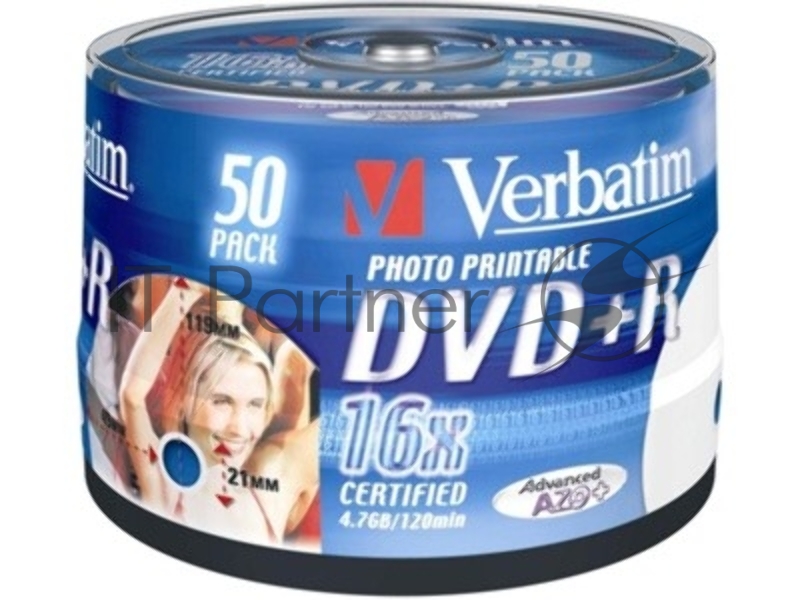 Диск DVD+R Verbatim 4.7Gb 16x Cake Box (50шт) Printable (43512)