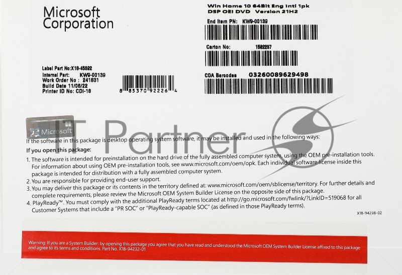 Windows 10 Home English OEM DVD Pack