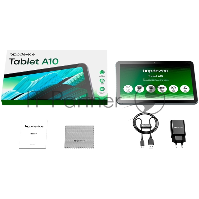 Планшет Topdevice Tablet A10, 10.1 (1280x800) IPS, HMS Android 11, up to 2.0GHz 4-core Unisoc Tiger T310, 3/32GB, 4G, GPS, BT 5.0, WiFi, USB Type-C, microSD card slot, Single SIM card, call function, 2.0MP front cam + 5.0MP rear cam, 5000mAh bat, gre