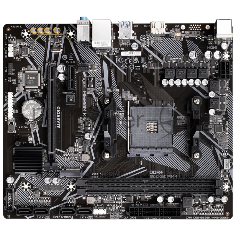 Материнская плата Gigabyte A520M K, Socket AM4, AMD A520, 2xDDR4-3200, HDMI, 1xPCI-Ex16, 1xPCI-Ex1, 4xSATA3(RAID 0/1/10), 1xM.2, 8 Ch Audio, GLan, (2+4)xUSB2.0, (4+2)xUSB3.2, 1xPS/2, mATX, RTL