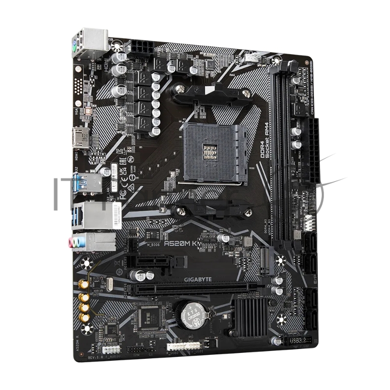 Материнская плата Gigabyte A520M K, Socket AM4, AMD A520, 2xDDR4-3200, HDMI, 1xPCI-Ex16, 1xPCI-Ex1, 4xSATA3(RAID 0/1/10), 1xM.2, 8 Ch Audio, GLan, (2+4)xUSB2.0, (4+2)xUSB3.2, 1xPS/2, mATX, RTL