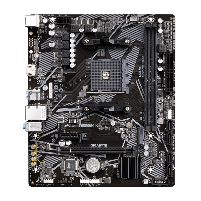 Материнская плата Gigabyte A520M K, Socket AM4, AMD A520, 2xDDR4-3200, HDMI, 1xPCI-Ex16, 1xPCI-Ex1, 4xSATA3(RAID 0/1/10), 1xM.2, 8 Ch Audio, GLan, (2+4)xUSB2.0, (4+2)xUSB3.2, 1xPS/2, mATX, RTL