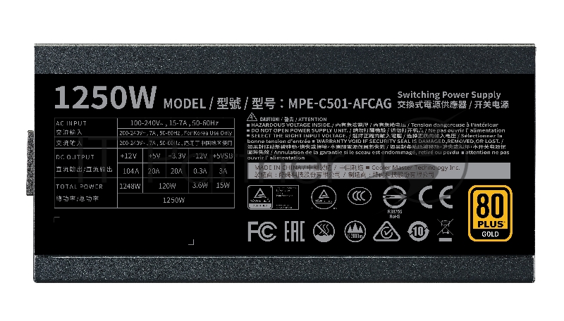 Блок питания Power Supply Cooler Master MWE Gold V2 (model name: MPE-C501-AFCAG), 1250W, ATX, 140mm, 24+4pin, 12xSATA, 8xPCI-E(6+2), APFC, 80+ Gold, w/UK Cable, Full Modular, OEM Version