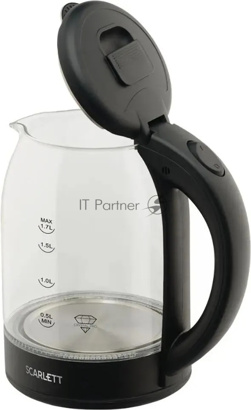Чайник Scarlett SC-EK27G90 (черный) Мощность, Вт: 1800 Объем, л: 1.7 Способ открывания крышки: Традиционная система открытия крышки Индикатор уровня воды: Шкала Отсек для хранения электрошнура: Да Материал корпуса: Стекло Вид нагревательного элемента
