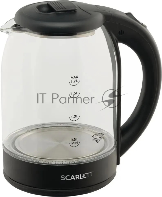 Чайник Scarlett SC-EK27G90 (черный) Мощность, Вт: 1800 Объем, л: 1.7 Способ открывания крышки: Традиционная система открытия крышки Индикатор уровня воды: Шкала Отсек для хранения электрошнура: Да Материал корпуса: Стекло Вид нагревательного элемента