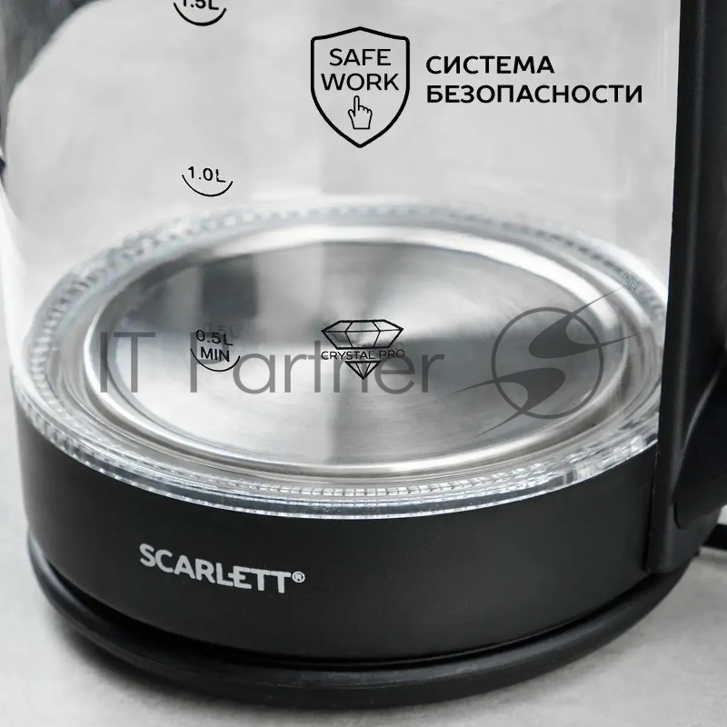 Чайник Scarlett SC-EK27G90 (черный) Мощность, Вт: 1800 Объем, л: 1.7 Способ открывания крышки: Традиционная система открытия крышки Индикатор уровня воды: Шкала Отсек для хранения электрошнура: Да Материал корпуса: Стекло Вид нагревательного элемента