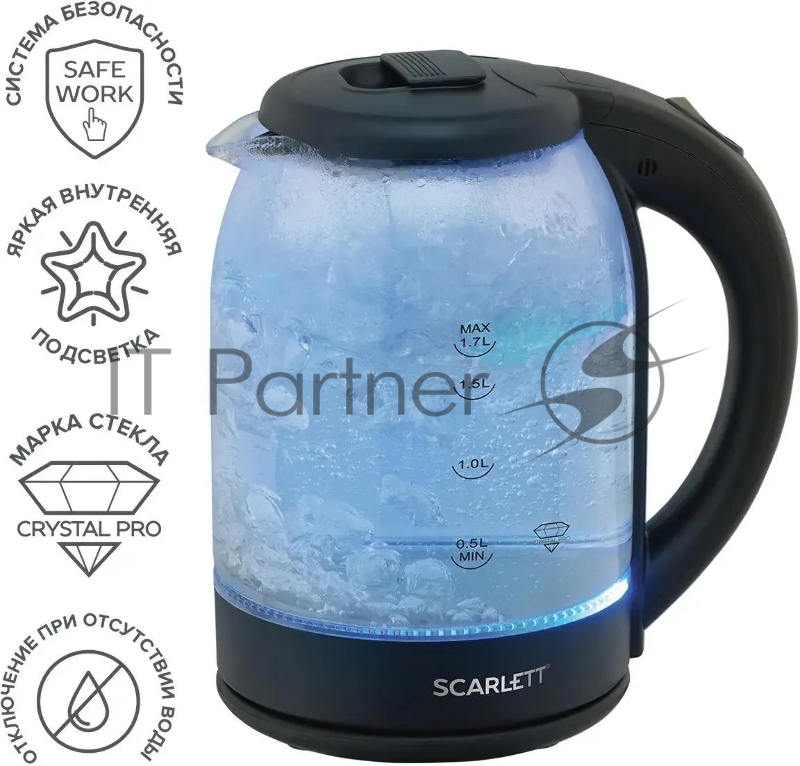 Чайник Scarlett SC-EK27G90 (черный) Мощность, Вт: 1800 Объем, л: 1.7 Способ открывания крышки: Традиционная система открытия крышки Индикатор уровня воды: Шкала Отсек для хранения электрошнура: Да Материал корпуса: Стекло Вид нагревательного элемента