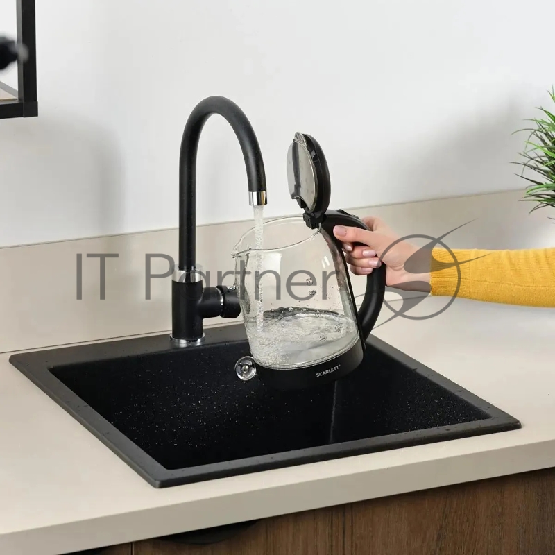 Чайник Scarlett SC-EK27G90 (черный) Мощность, Вт: 1800 Объем, л: 1.7 Способ открывания крышки: Традиционная система открытия крышки Индикатор уровня воды: Шкала Отсек для хранения электрошнура: Да Материал корпуса: Стекло Вид нагревательного элемента