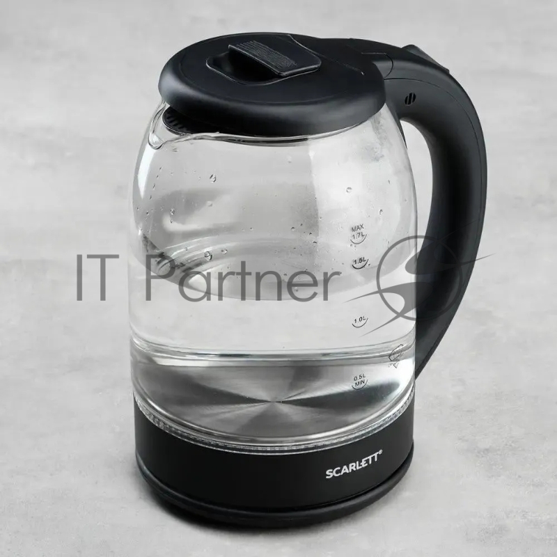 Чайник Scarlett SC-EK27G90 (черный) Мощность, Вт: 1800 Объем, л: 1.7 Способ открывания крышки: Традиционная система открытия крышки Индикатор уровня воды: Шкала Отсек для хранения электрошнура: Да Материал корпуса: Стекло Вид нагревательного элемента