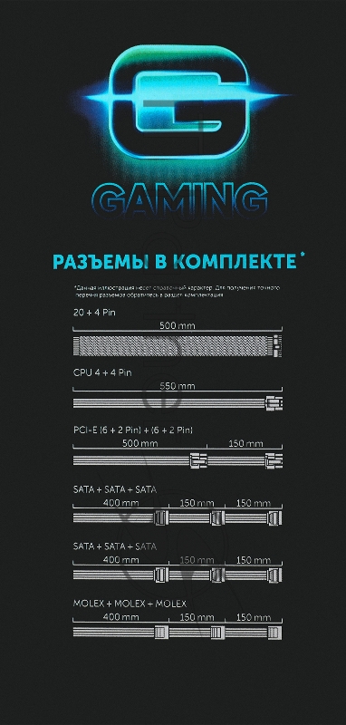 Блок питания Оклик ATX 500W GMNG PSU-500W-80+ 80 PLUS WHITE (24+4+4pin) APFC 120mm fan 5xSATA RTL