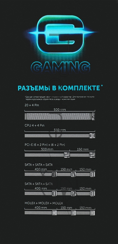 Блок питания Оклик ATX 600W GMNG PSU-600W-80+ 80 PLUS WHITE (24+4+4pin) APFC 120mm fan 6xSATA RTL