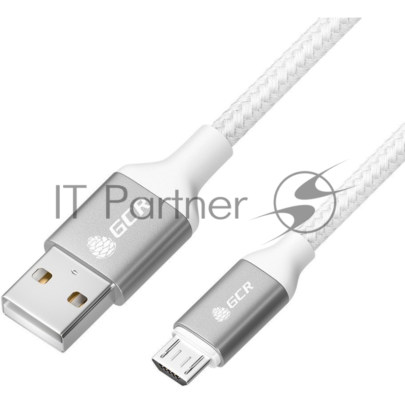 Кабель GCR QC 0.5m MicroUSB, быстрая зарядка, белый нейлон, AL корпус серебро, белый ПВХ, 28/24 AWG, GCR-52462