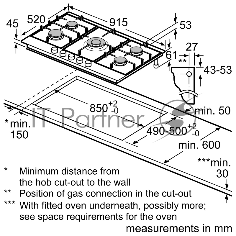 Встраиваемая газовая варочная панель BOSCH PCQ9B5O90M Series 6, 53 x 915 x 520, 5 конфорок, электроподжиг, защита от утечек газа, нерж.