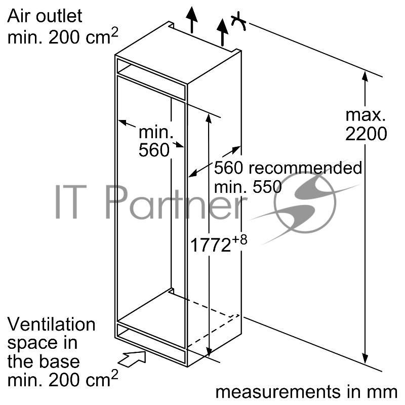 Встраиваемый холодильник с морозильной камерой снизу Bosch KIV87VS30M Series 4, 1775 x 560 x 550, 210/64 л, 36 дБ, LowFrost, VarioZone