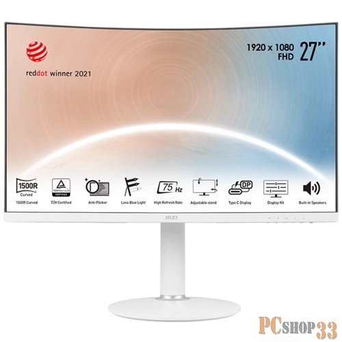 Монитор MSI Modern MD271CPW 27 16:9 FHD(1920x1080)VA Curve 1500R,5ms(GTG),3000:1,100M:1,2 1.4,USB-C,Tilt,Swivel,Height,V w-ty