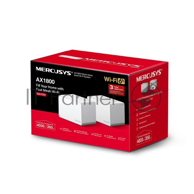 Домашняя Mesh Wi‑Fi система AX1800 Whole Home Mesh Wi-Fi 6 SystemSPEED: 574 Mbps at 2.4 GHz + 1201 Mbps at 5 GHzSPEC: Internal Antennas, 3× Gigabit Ports per Unit (WAN/LAN auto-sensing), 1024-QAM, OFDMAFEATURE: MERCUSYS APP, Router/AP Mode, One Unifi