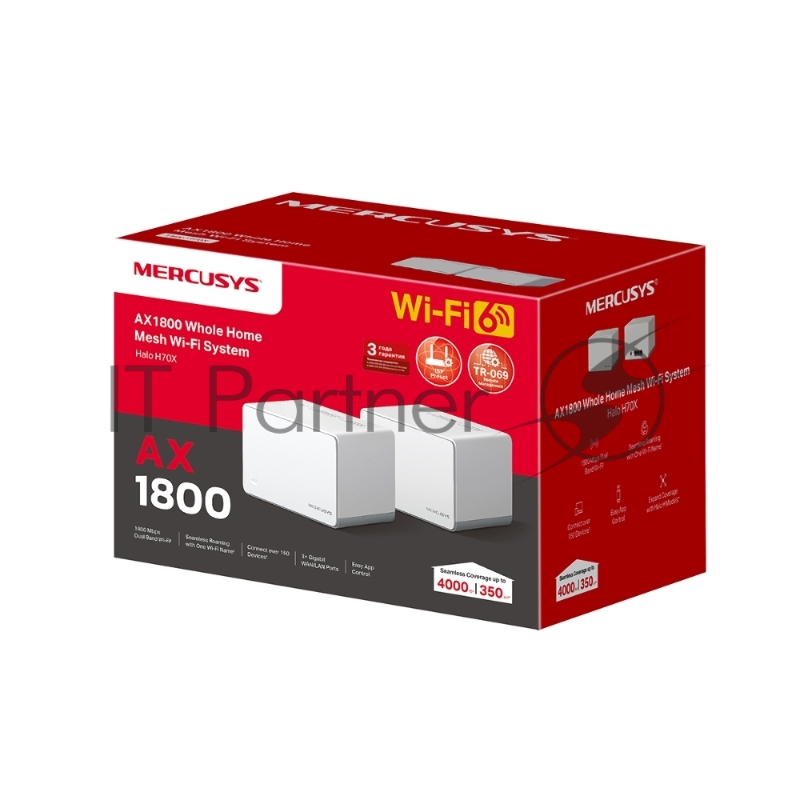 Домашняя Mesh Wi‑Fi система AX1800 Whole Home Mesh Wi-Fi 6 SystemSPEED: 574 Mbps at 2.4 GHz + 1201 Mbps at 5 GHzSPEC: Internal Antennas, 3× Gigabit Ports per Unit (WAN/LAN auto-sensing), 1024-QAM, OFDMAFEATURE: MERCUSYS APP, Router/AP Mode, One Unifi