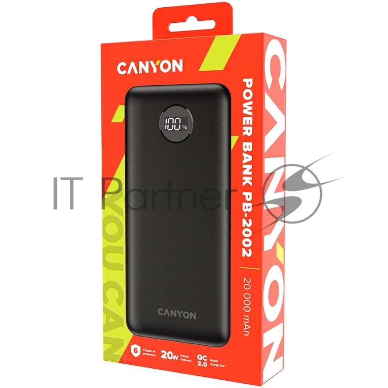 Внешний аккумулятор CANYON PB-2002 Power bank 20000mAh Li-poly battery, Input Type-C 5V3A,9V2A,18W , Output Type-C:5V3A,9V2.2A,12V1.5A,20W, Output USBA1/USBA2:5V3A,5V/4.5A,4.5V/ 0.437g , cable Type C, Black