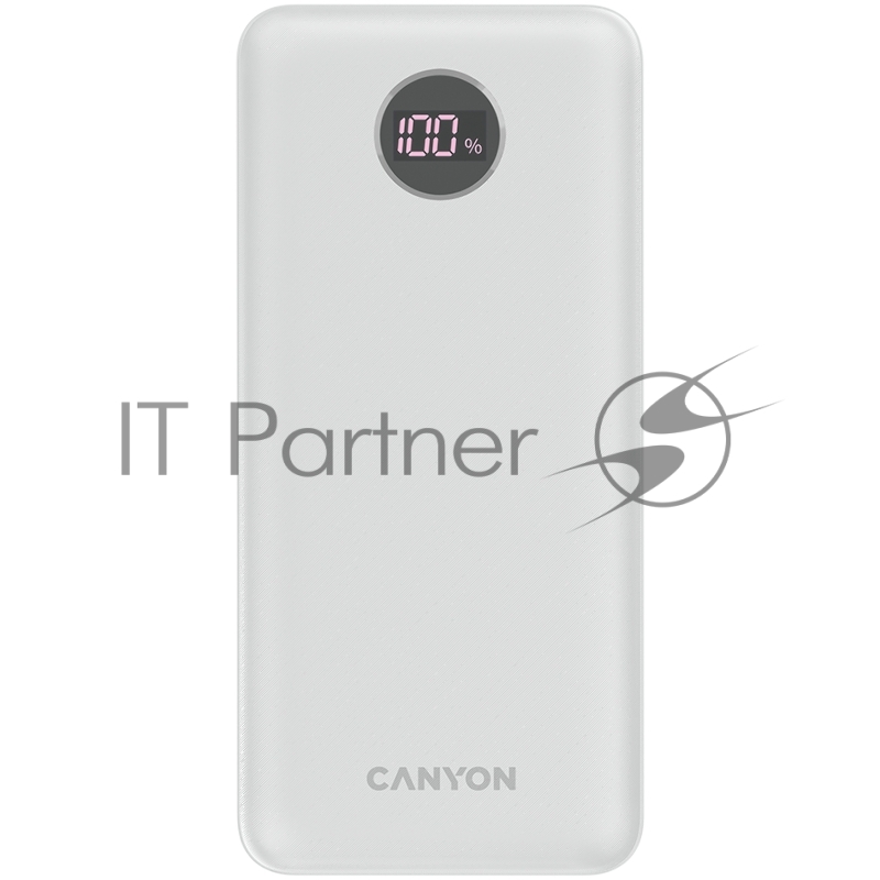 Внешний аккумулятор CANYON PB-2002 Power bank 20000mAh Li-poly battery, Input Type-C 5V3A,9V2A,18W , Output Type-C:5V3A,9V2.2A,12V1.5A,20W, Output USBA1/USBA2:5V3A,5V/4.5A,4.5V/ 0.437g , cable Type C, white