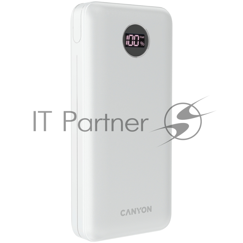 Внешний аккумулятор CANYON PB-2002 Power bank 20000mAh Li-poly battery, Input Type-C 5V3A,9V2A,18W , Output Type-C:5V3A,9V2.2A,12V1.5A,20W, Output USBA1/USBA2:5V3A,5V/4.5A,4.5V/ 0.437g , cable Type C, white