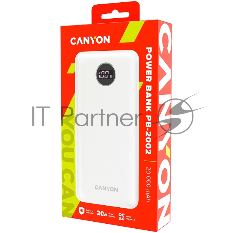 Внешний аккумулятор CANYON PB-2002 Power bank 20000mAh Li-poly battery, Input Type-C 5V3A,9V2A,18W , Output Type-C:5V3A,9V2.2A,12V1.5A,20W, Output USBA1/USBA2:5V3A,5V/4.5A,4.5V/ 0.437g , cable Type C, white