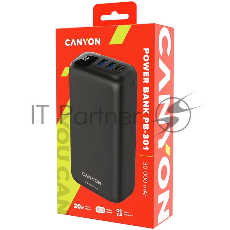 Внешний аккумулятор CANYON PB - 301 Power bank 30000mAh Li-poly battery, Input Micro: DC5V/2A, 9V/2A Input Type c PD : DC5V/3A, 9V/2A, Output Type C PD:5V/3A,9V/2.2A,12V/1.5AOutput USB A1+USBA 2 : 5V3A,5V/4.5A,4.5V/5A,9V2A,12V1 quick chargi