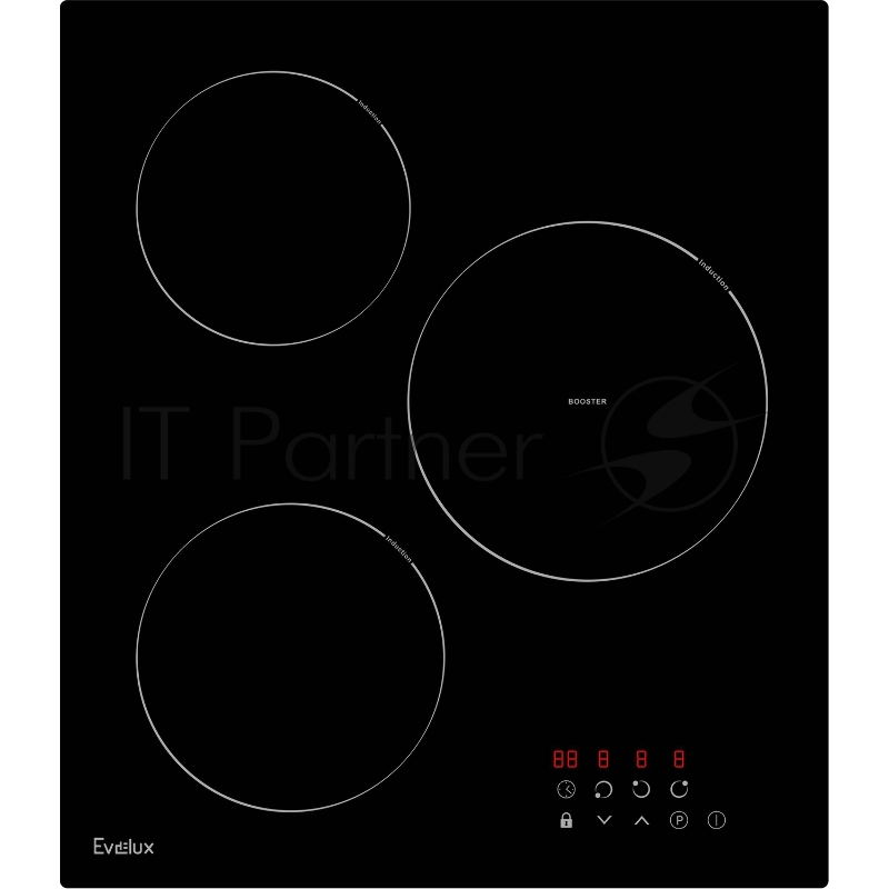 варочная панель электрическая, индукция, 45 см, 3 конфорки, сенсорное управление, 9 уровней мощности, блокировка управления, защитное отключение, 5300 Вт, черное стекло, 450х520х58 мм