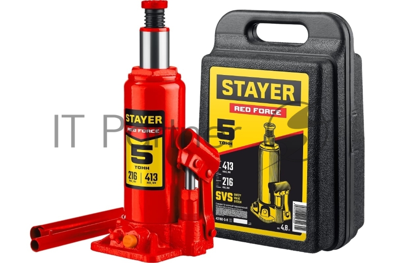Домкрат бутылочный гидравлический в кейсе STAYER RED FORCE 5т 216-413мм