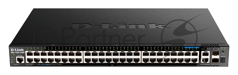 Управляемый L3 стекируемый коммутатор D-Link DGS-1520-52MP/A1A с 44 портами 10/100/1000Base-T, 4 портами 100/1000/2.5GBase-T, 2 портами 10GBase-T и 2 портами 10GBase-X SFP+