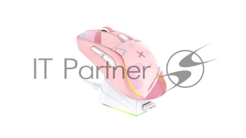 Мышь игровая беспроводная Dareu A950 Pink (розовый), DPI 400/800/1600/3200/6400/12000, подключение Tri-mode: проводное+2.4GHz+BT, встроенный аккумулятор 930mAh, зарядная станция, подсветка RGB, размер 123x64x39мм