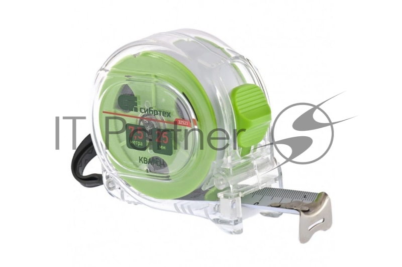 Рулетка Кварц, прозрачный корпус, амортизатор, 7,5 м х 25 мм// Сибртех