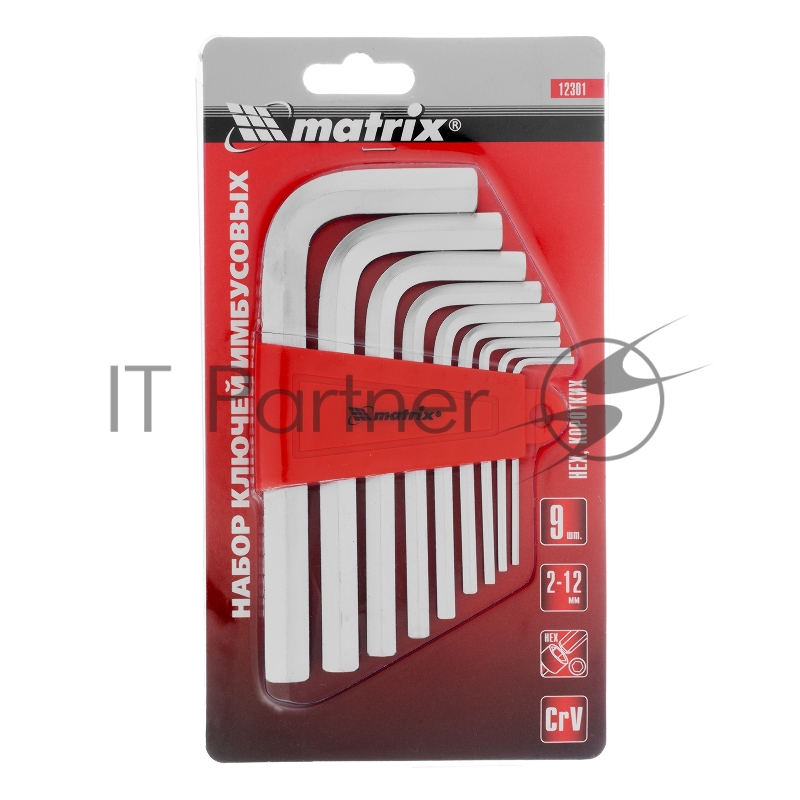 Набор ключей имбусовых HEX, 2–12 мм, CrV, 9 шт., короткие, сатин.// Matrix
