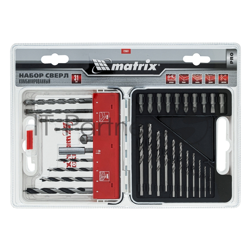 Набор сверл комб., мет.1-6мм,бетон 4-8мм,дер.4-8 мм,биты 10шт,адап., зенковка, 31пр., PRO// Matrix