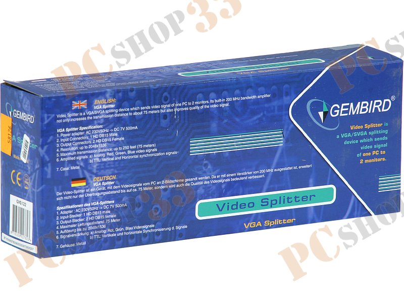 Разветвитель VGA 1 ПК - 2 монитора Gembird GVS122