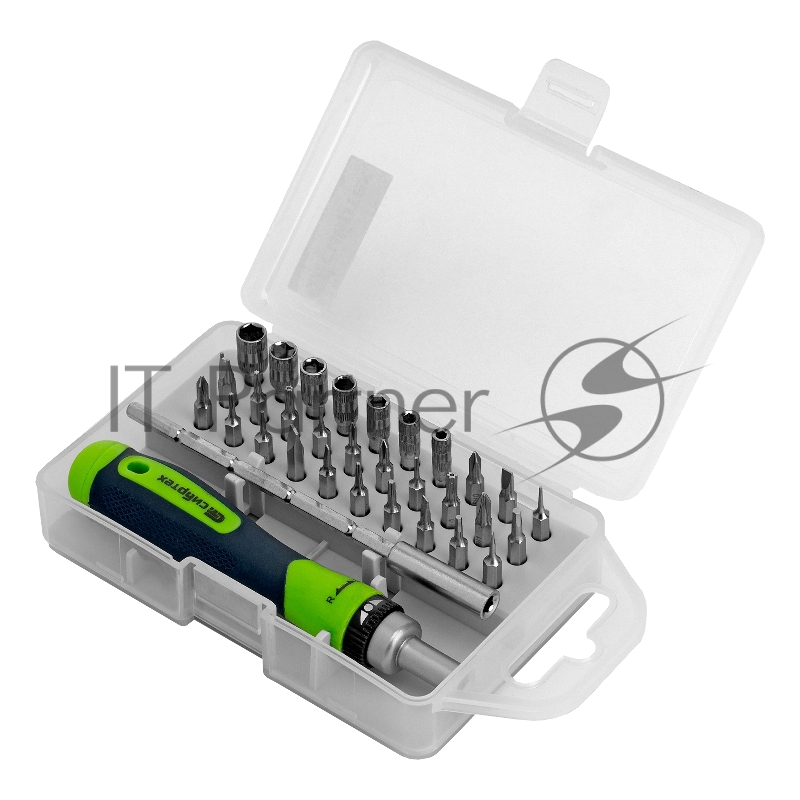 Отвертка реверсивная для точных работ с набором бит и торцевых головок, 32 предм., CrV// Сибртех