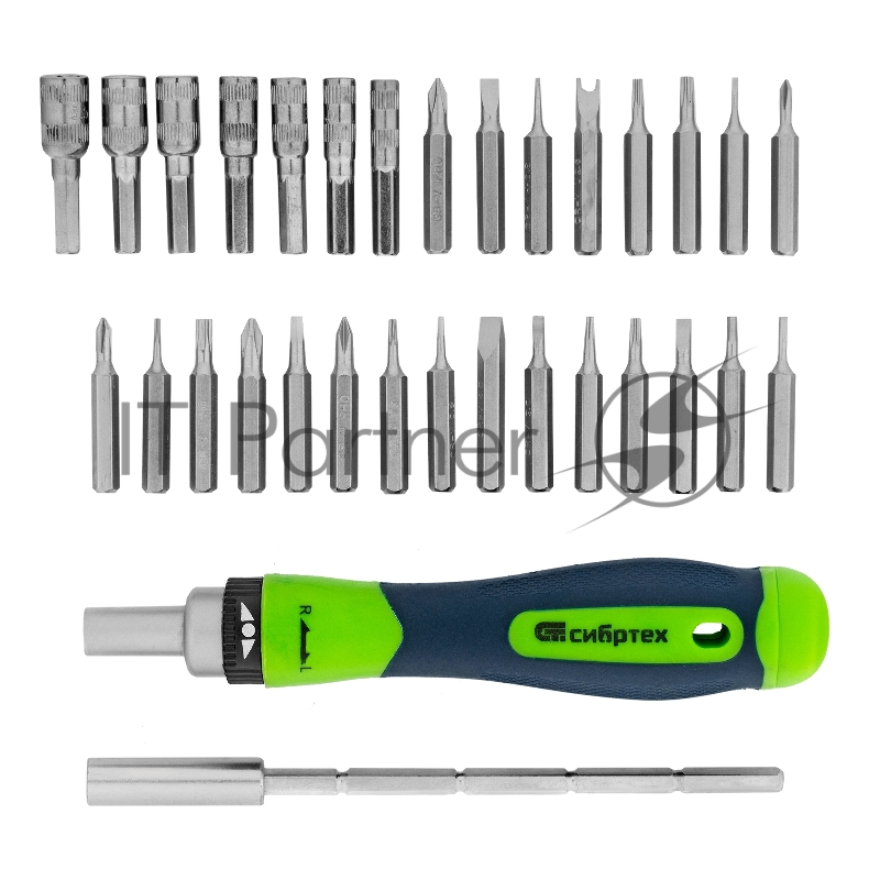 Отвертка реверсивная для точных работ с набором бит и торцевых головок, 32 предм., CrV// Сибртех