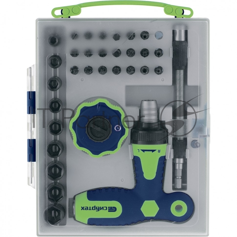 Отвертка Т-образная и трещотка, реверсивные, с набором бит, торцевых головок,34 предм.,CrV// Сибртех