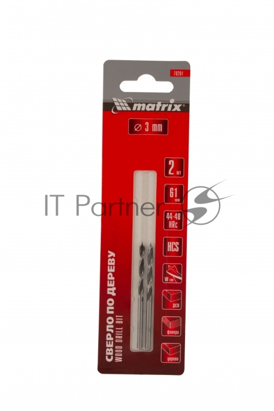Сверло по дереву, 3 х 61 мм, 2шт. цилиндрический хвостовик// Matrix