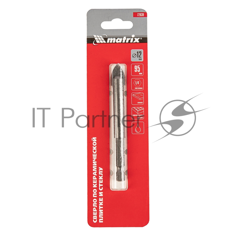 Сверло по керамической плитке и стеклу, 12 мм, 6-гр хвостовик// Matrix