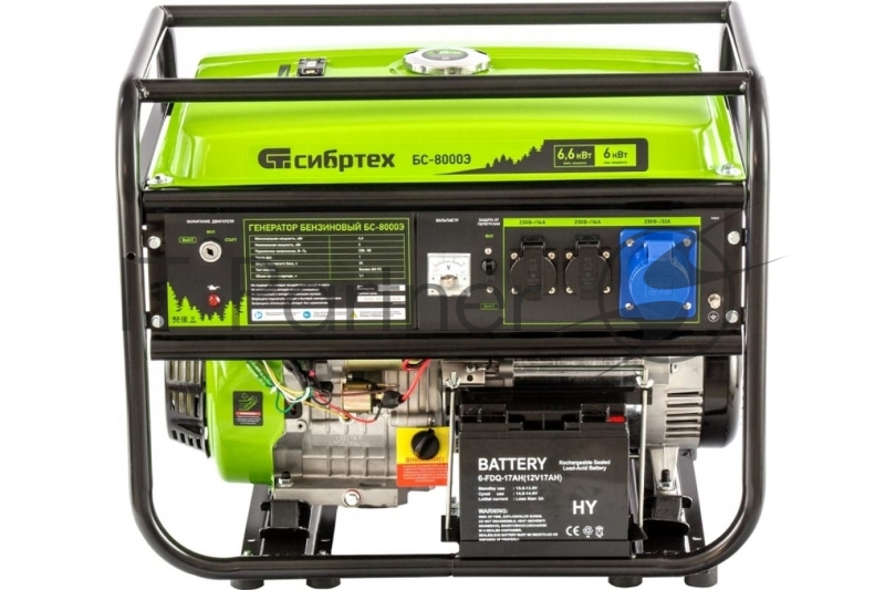 Генератор бензиновый БС-8000Э, 6,6 кВт, 230В, 4-х такт., 25 л, электростартер// Сибртех