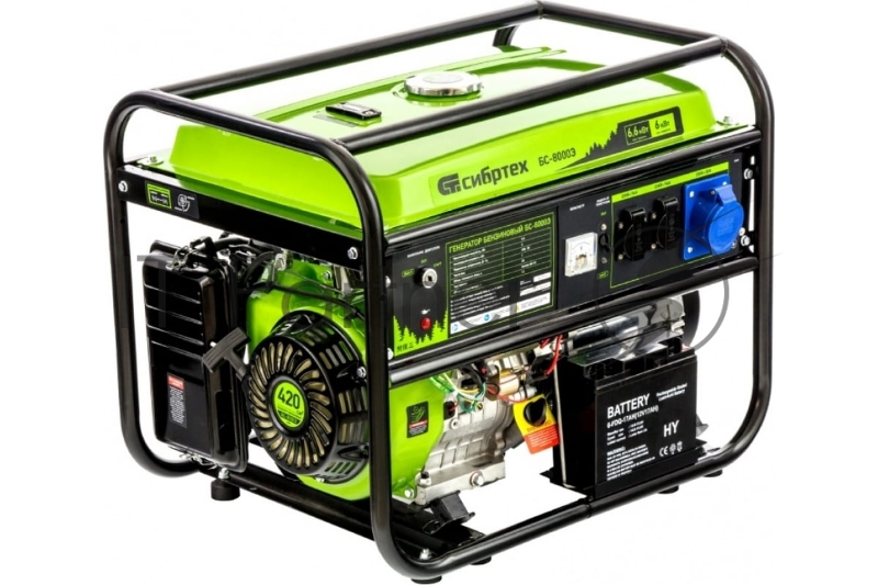 Генератор бензиновый БС-8000Э, 6,6 кВт, 230В, 4-х такт., 25 л, электростартер// Сибртех